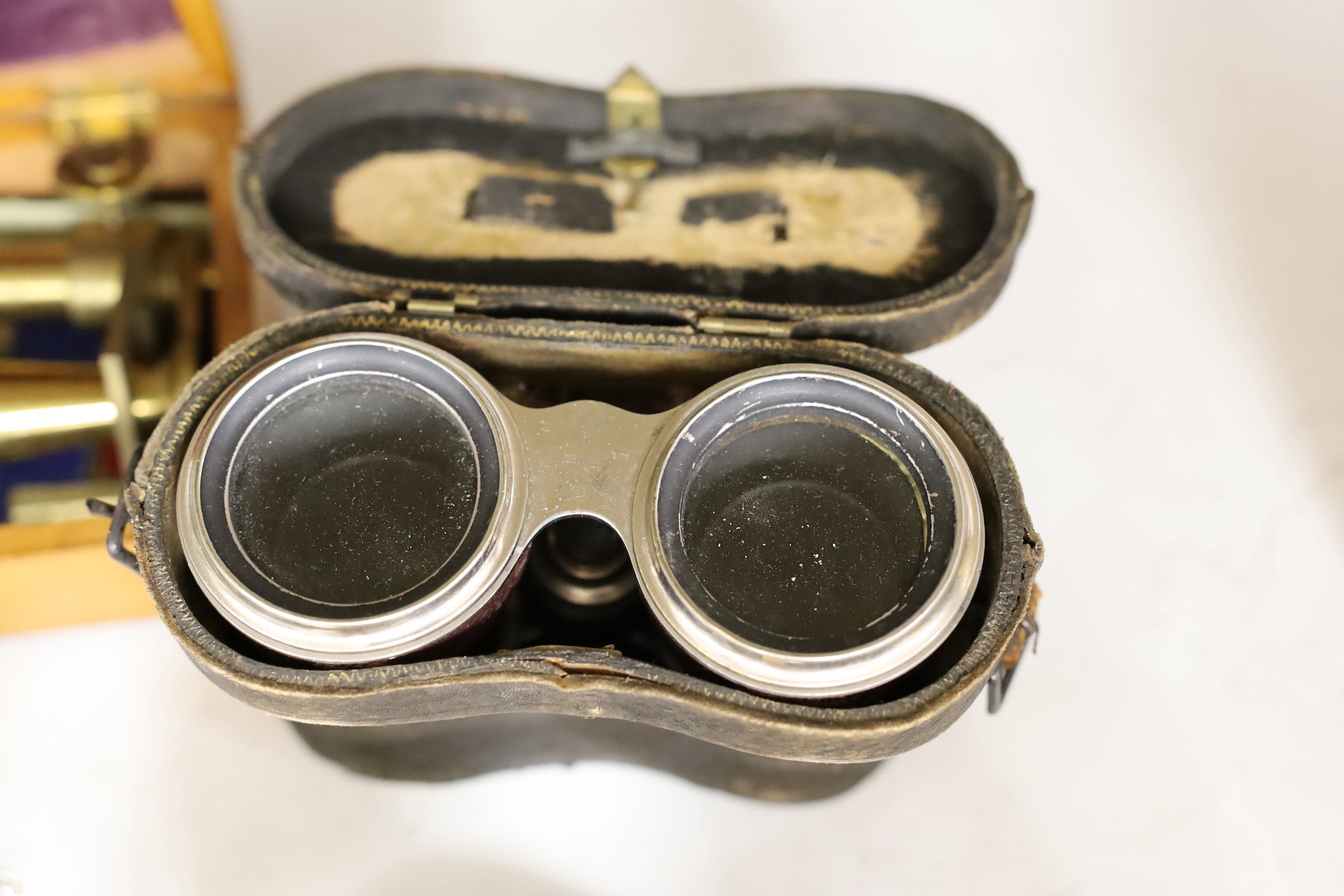 A Victorian silver topped bottle and box, silver spoon, enamel topped box, opera glasses, a portable microscope etc